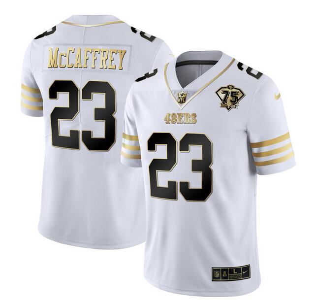 Men's San Francisco 49ers #23 Christian McCaffrey White Gold With 75th Patch Stitched Jersey